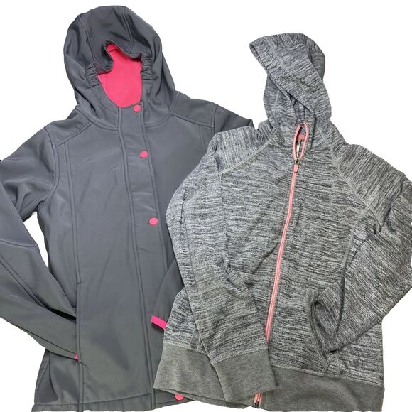 Lot 2 Girls Jacket And Sweater Hooded Zip Up Gray Pink Size L 10 12 Pockets Hood - Picture 1 of 14